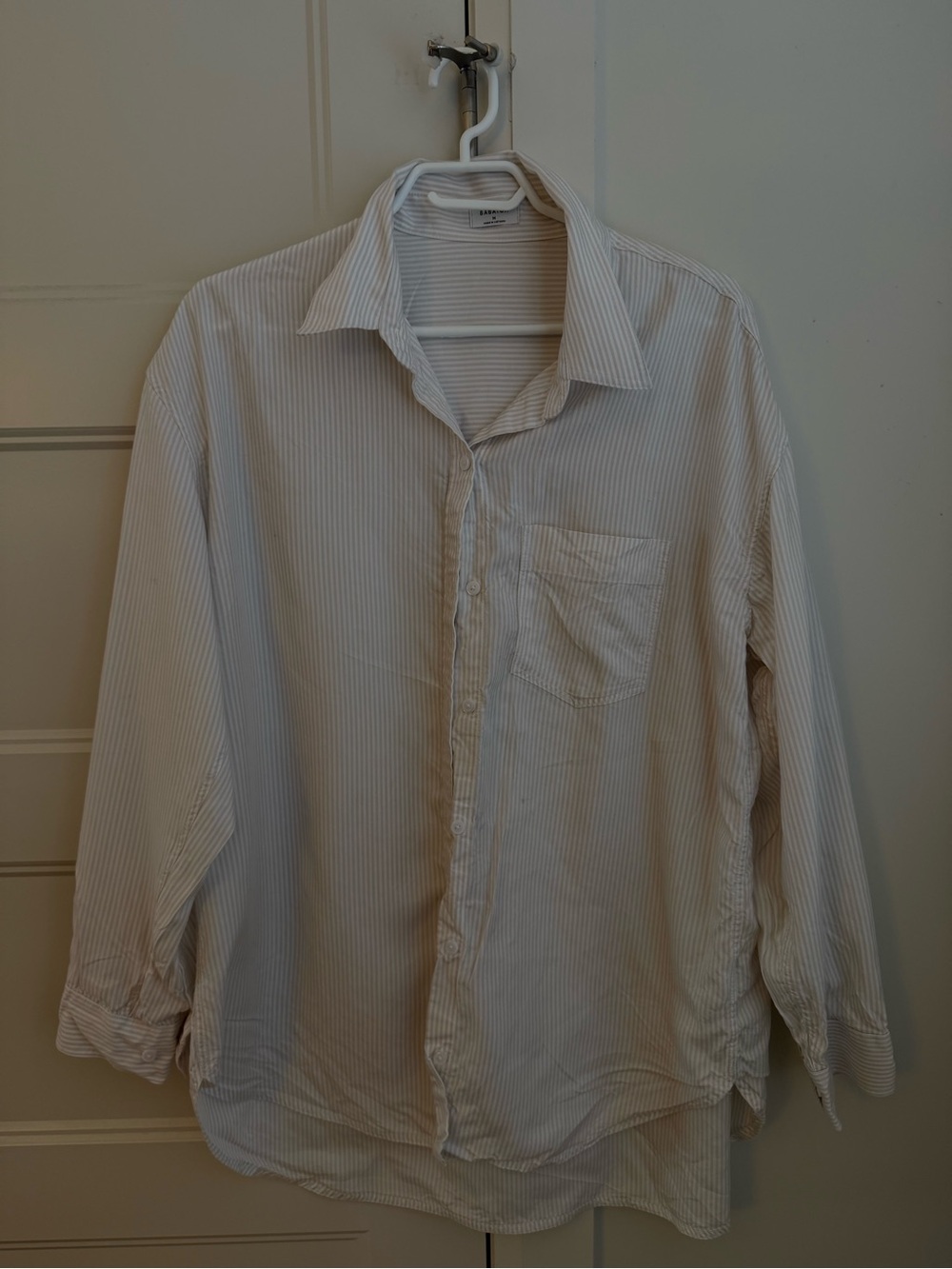 Babaton Classic Long-Sleeve Button-Up Shirt in Light Beige Stripe